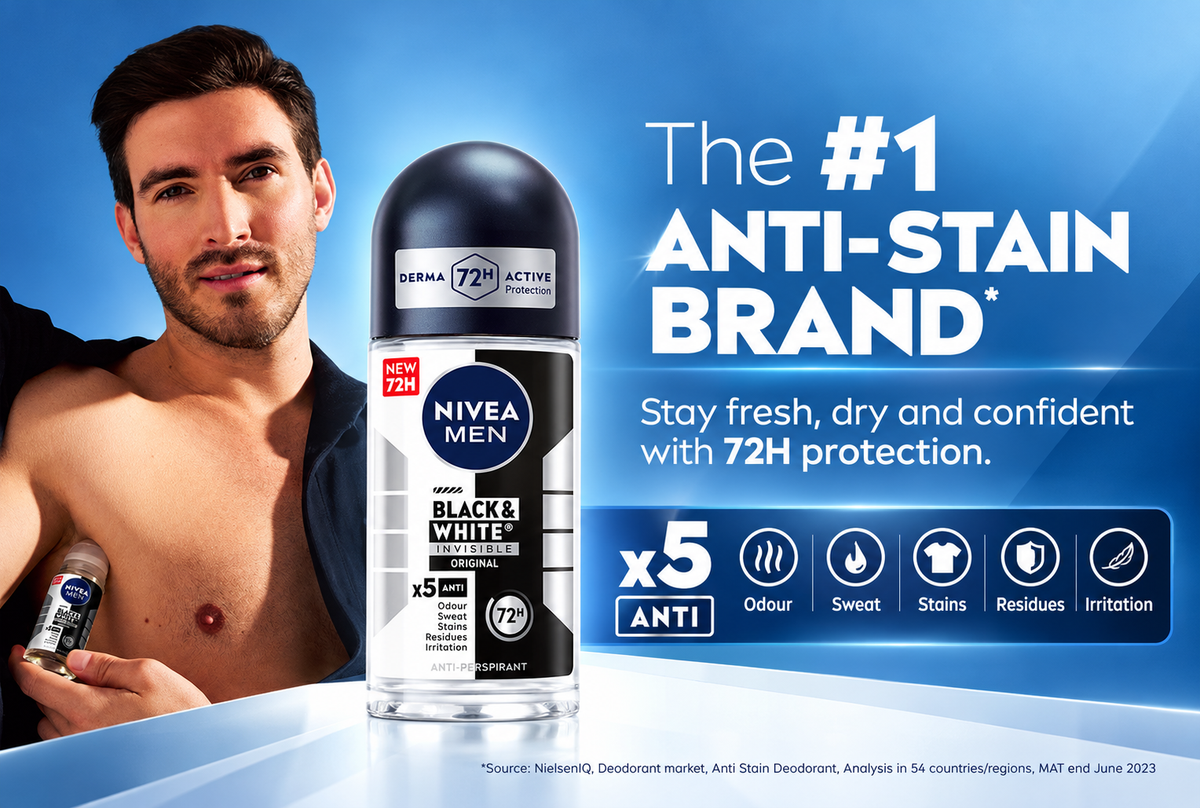 Nivea Men Black & White Invisible Antiperspirant Roll-On Deodorant Original 72H Active Protection 50 ml
