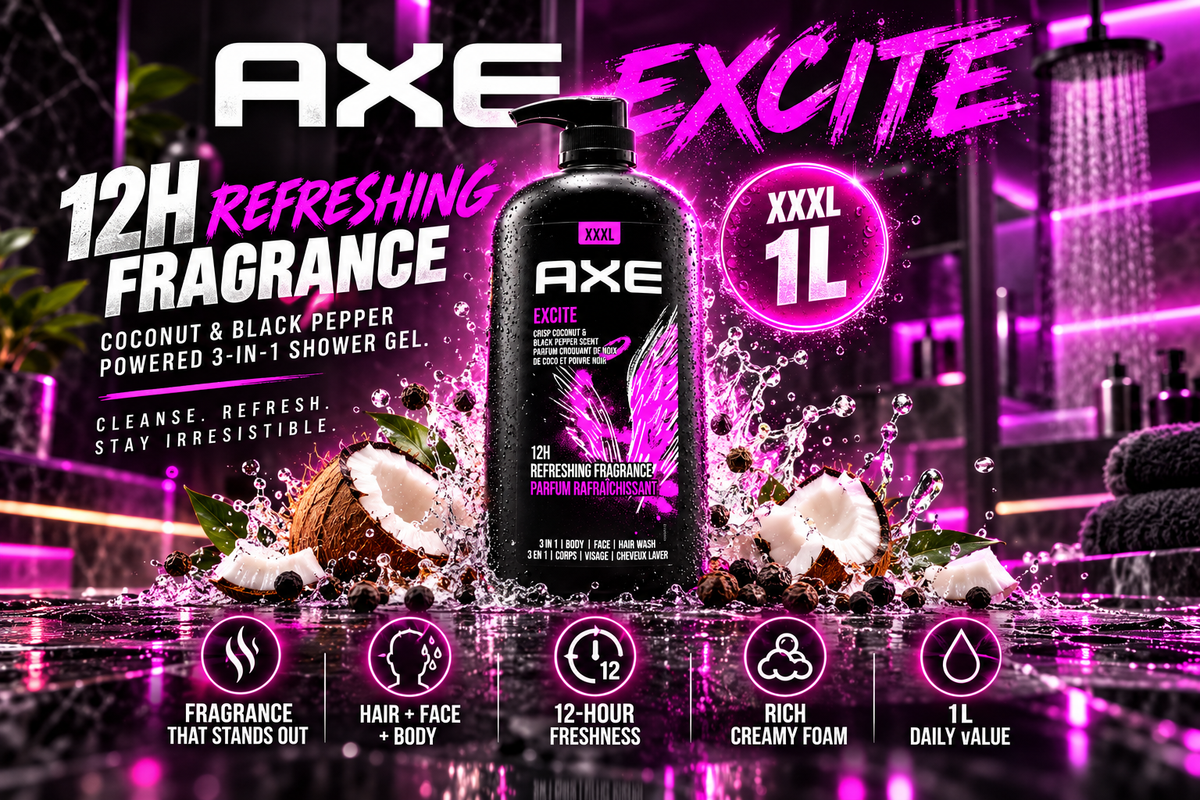 Axe Excite Daily Fragrance Cleanser for Hair, Face and Body - 1L Bottle