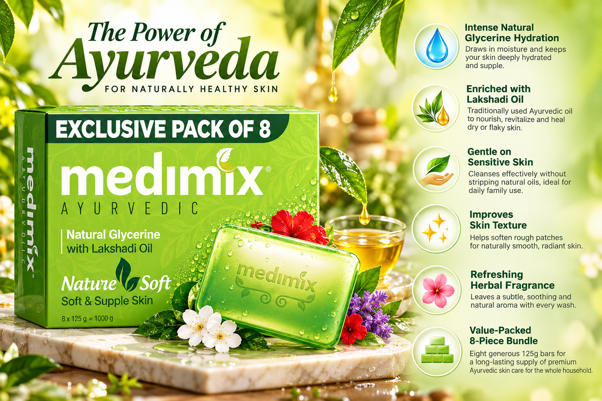 Medimix Ayurvedic Natural Glycerine & Lakshadi Oil Bathing Bar - 125g (Pack of 8)