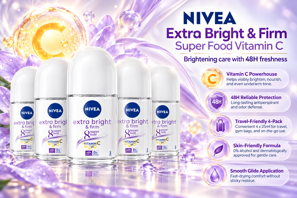 NIVEA Extra Brightening Underarm Roll-On Deodorant | 4 x 25ml