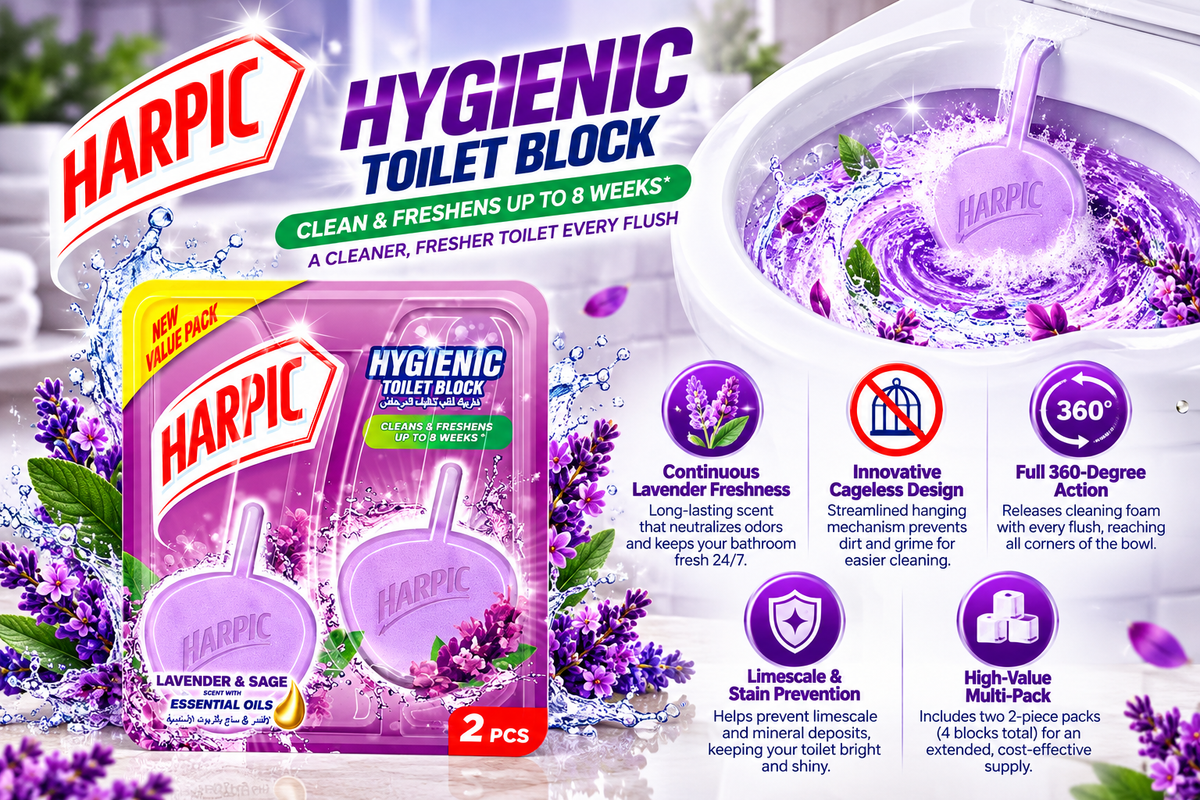 Harpic Lavender Hygiene Cageless Toilet Block | 2-Piece Pack (2 Packs Total)