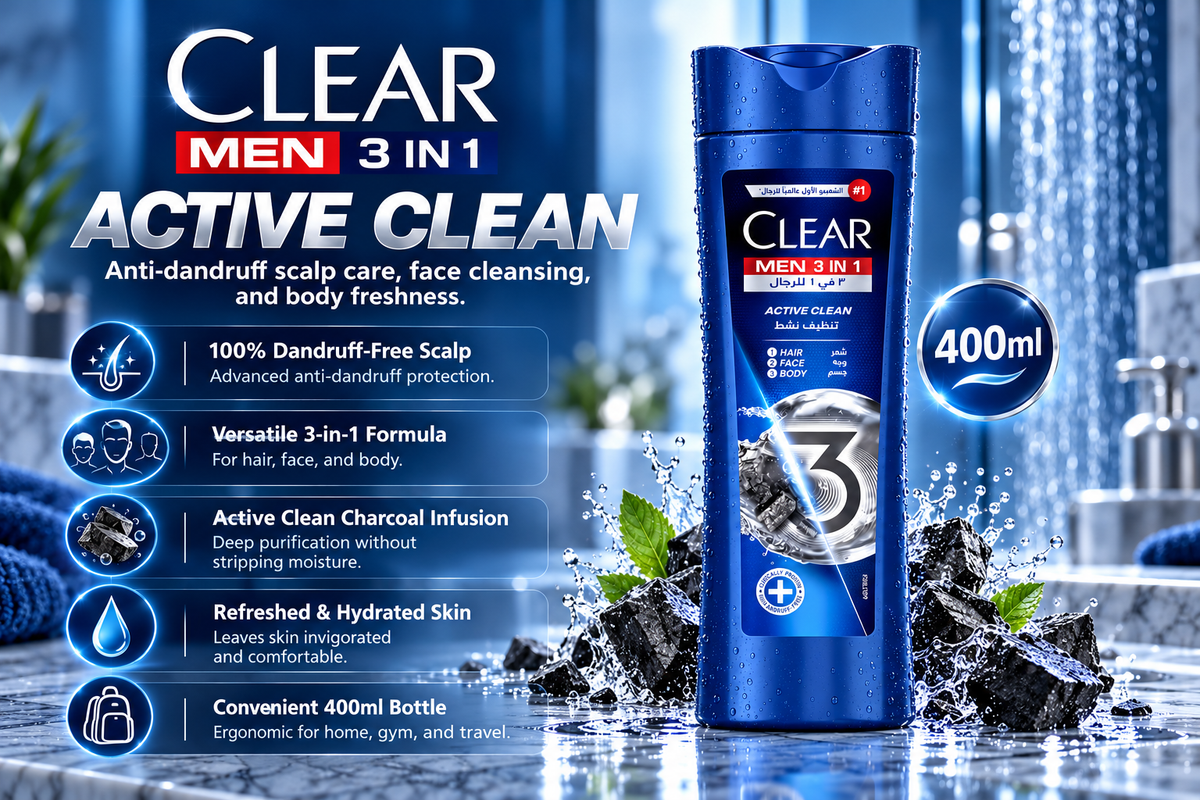 Clear Men 3-in-1 Active Clean Shampoo for Hair, Face & Body | 400ml