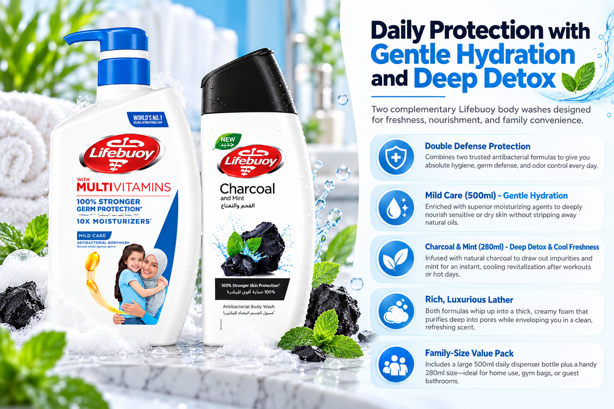 Lifebuoy Antibacterial Body Wash Duo Pack | Mild Care 500ml & Charcoal & Mint 280ml