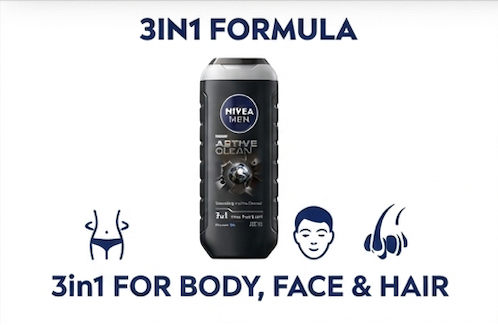 Nivea Men Active Clean 3in1 Shower Gel Cleans Body Face and Hair with Active Charcoal, 250 ml