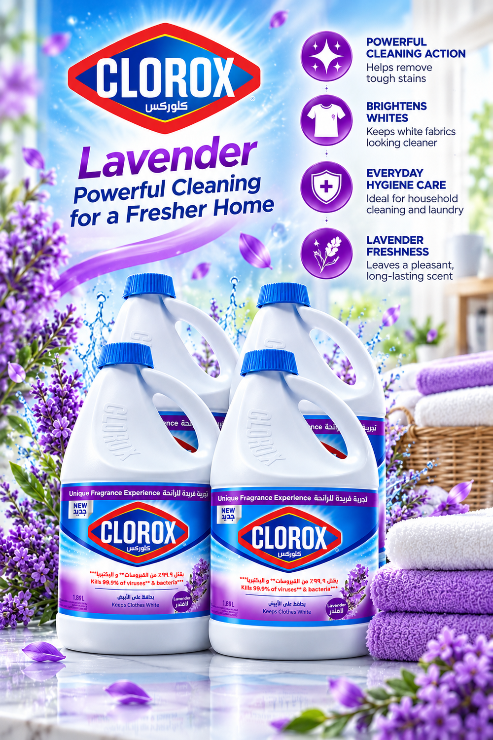 Clorox Lavender Bleach 1.89L – Powerful Cleaning with Fresh Lavender Scent 4Pcs