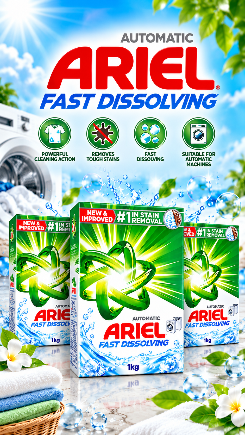 Ariel Original Scent Detergent Powder 1kg x 3pcs – Powerful Deep Cleaning