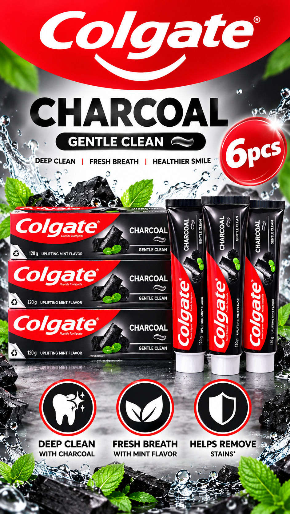 Colgate Gentle Clean Charcoal 120g – Deep Clean & Fresh Breath 6pcs