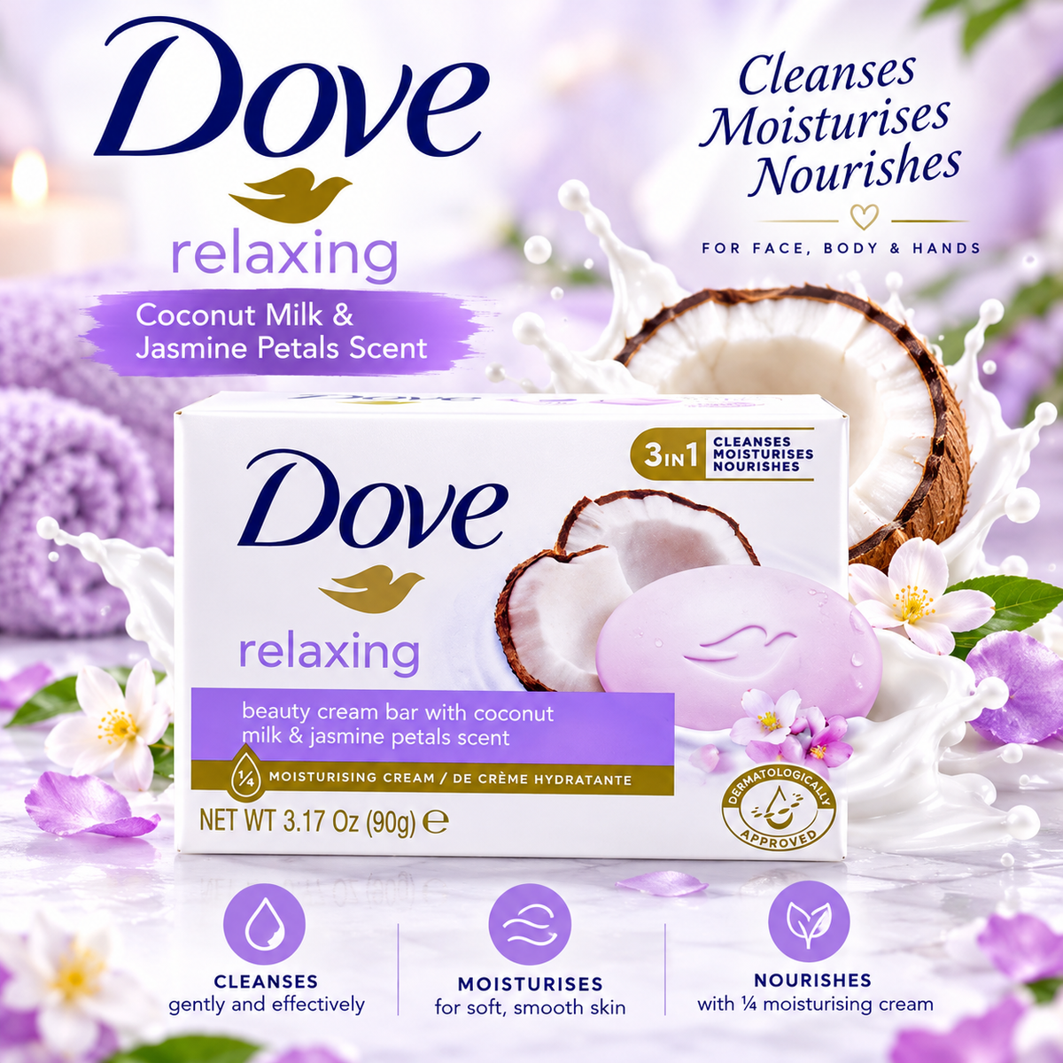 Dove Relaxing Coconut Milk Beauty Bar Soap 90g 4pcs