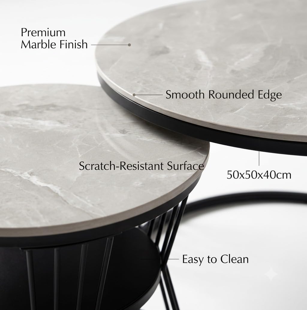 Round Nesting Coffee Table Set of 2 – Marble Top with Black Metal Frame