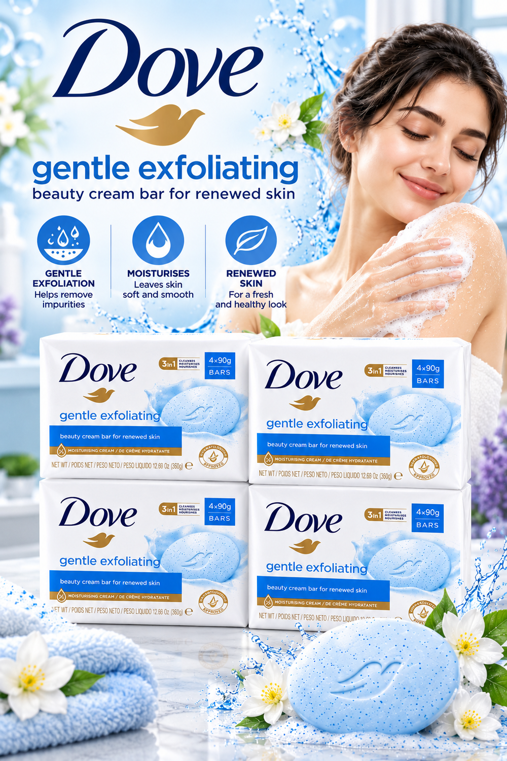 Dove Gentle Exfoliate Soap 90g – Mild Cleansing with Exfoliating Care 4Pcs