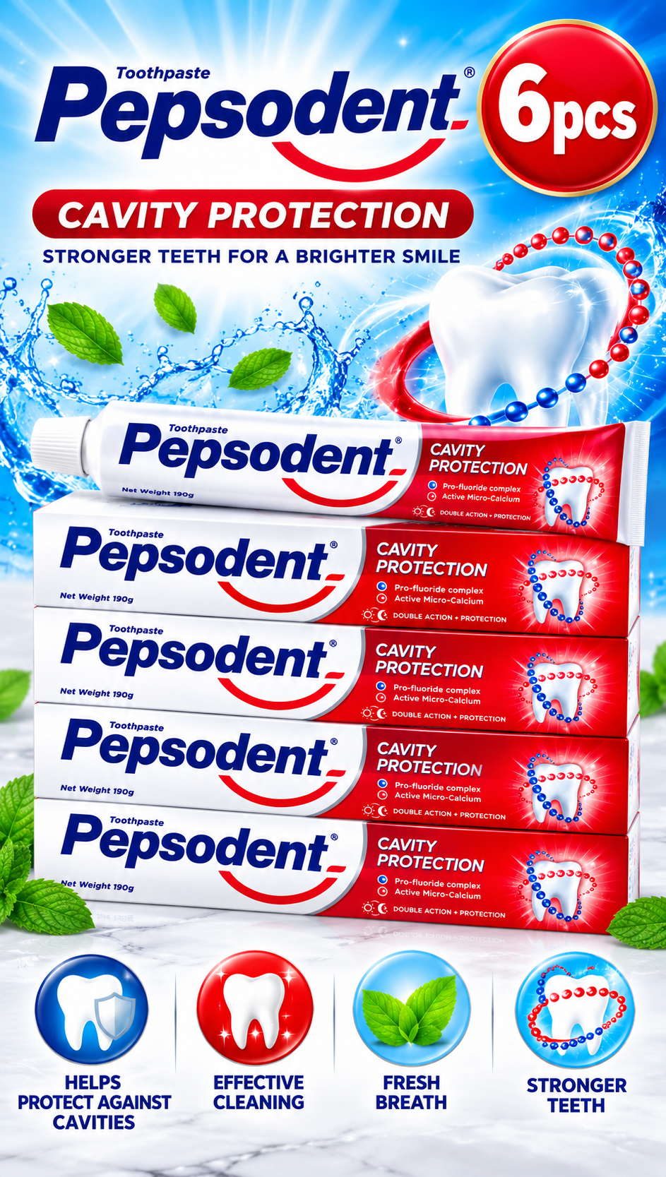 Pepsodent Toothpaste 190g x 6pcs  – Cavity Defense & Fresh Clean Feel