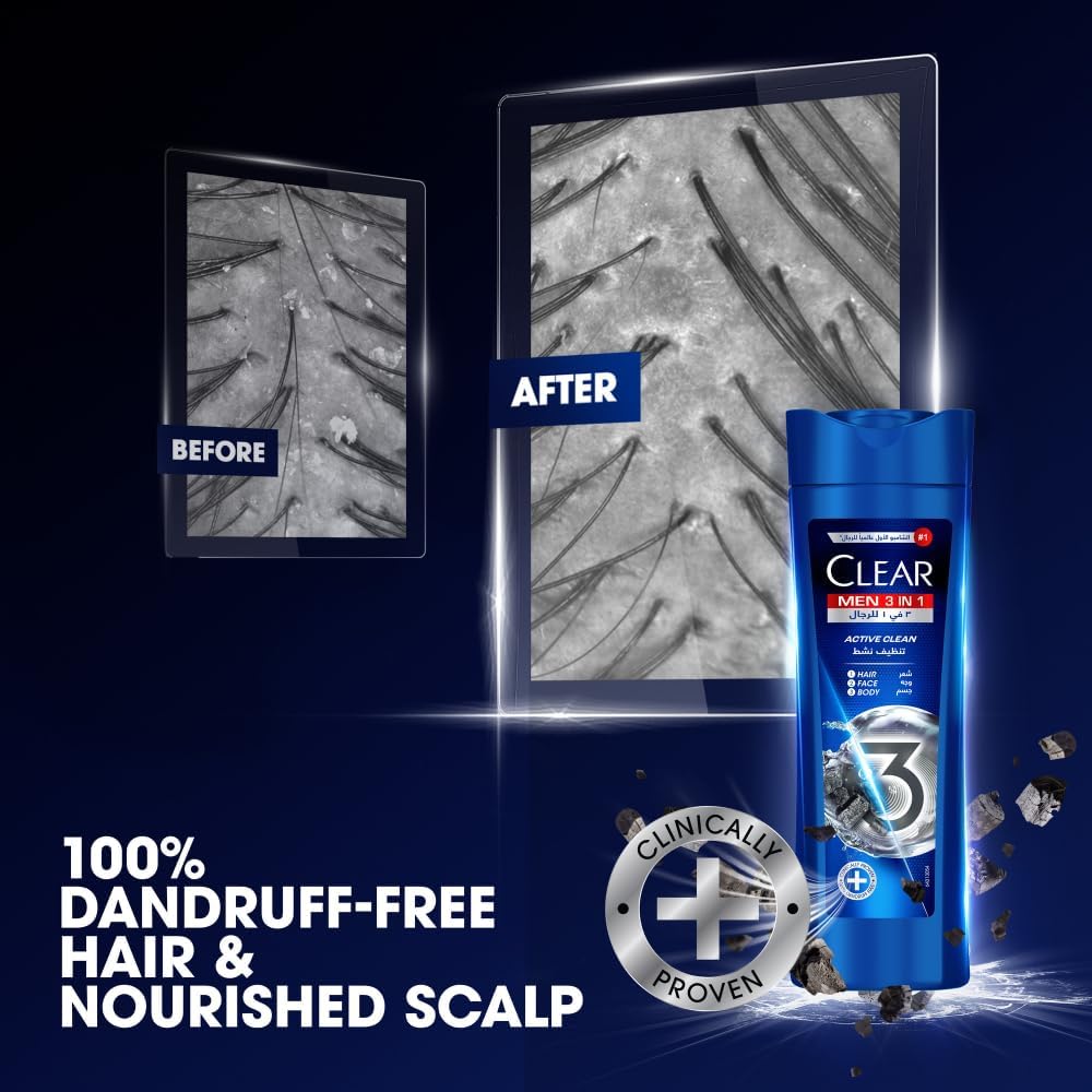 Clear Men 3-in-1 Active Clean Shampoo for Hair, Face & Body | 400ml