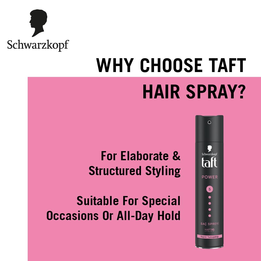 Schwarzkopf TAFT Power Hold 5 Hair Spray for Heat Protection, Cashmere like Softness for Dry - 250Ml.