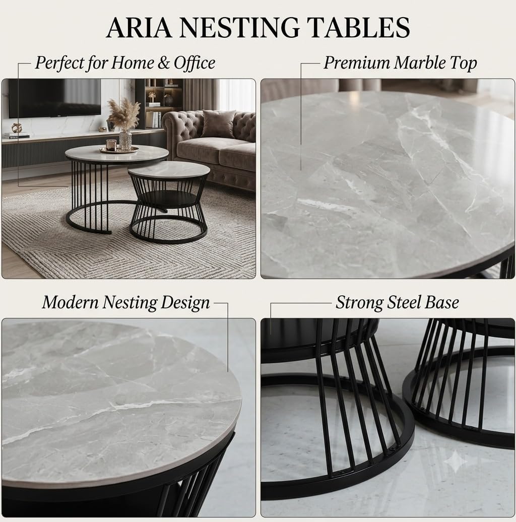 Round Nesting Coffee Table Set of 2 – Marble Top with Black Metal Frame