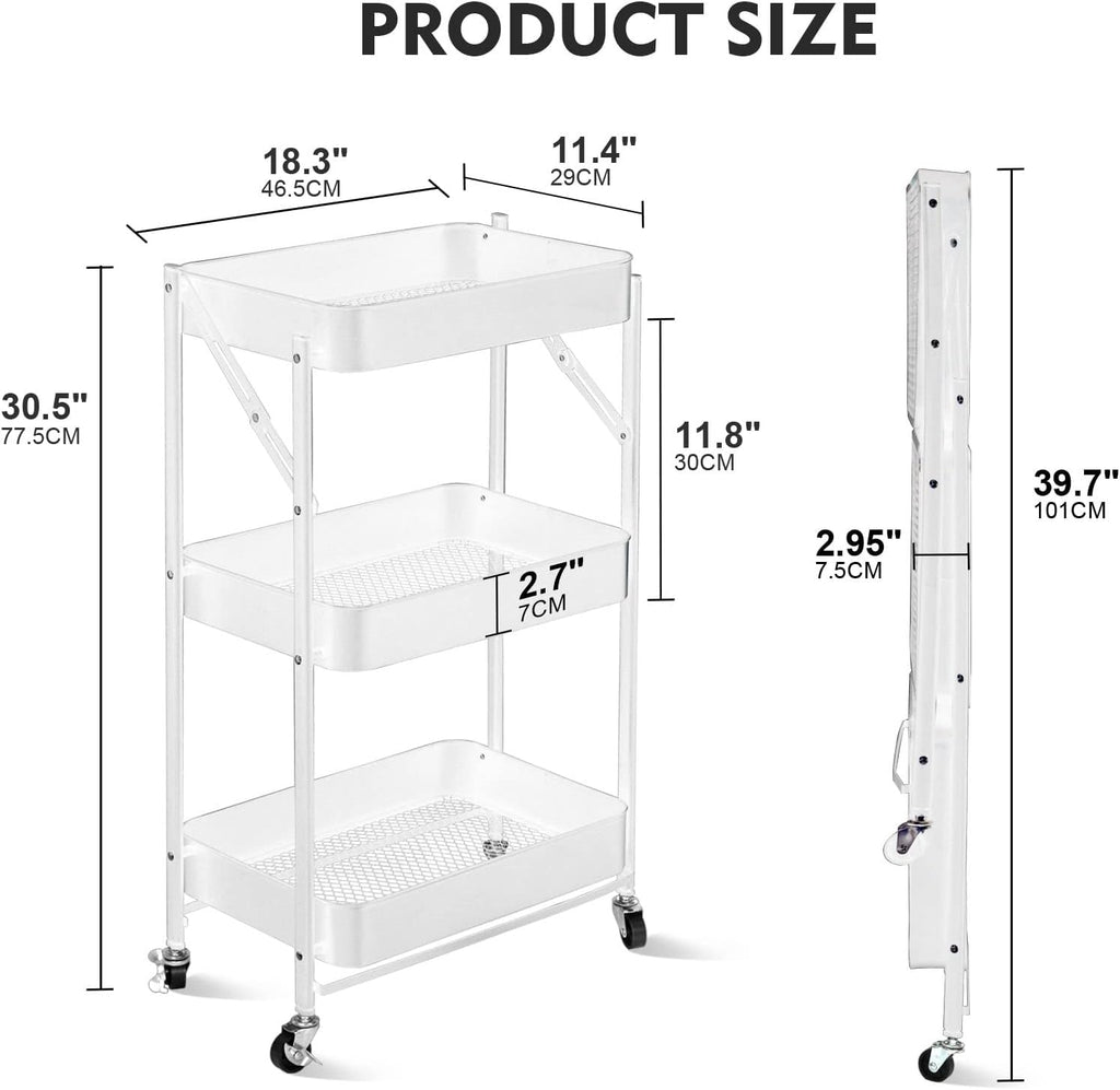 3 Tier trolley organizer,Foldable Metal Rolling Utility Cart Organizer