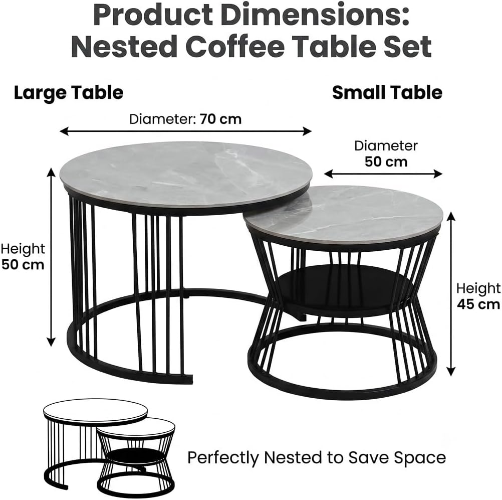 Round Nesting Coffee Table Set of 2 – Marble Top with Black Metal Frame