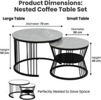 Round Nesting Coffee Table Set of 2 – Marble Top with Black Metal Frame