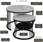 Round Nesting Coffee Table Set of 2 – Marble Top with Black Metal Frame