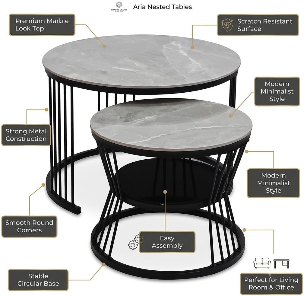 Round Nesting Coffee Table Set of 2 – Marble Top with Black Metal Frame