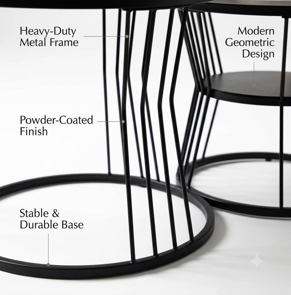 Round Nesting Coffee Table Set of 2 – Marble Top with Black Metal Frame