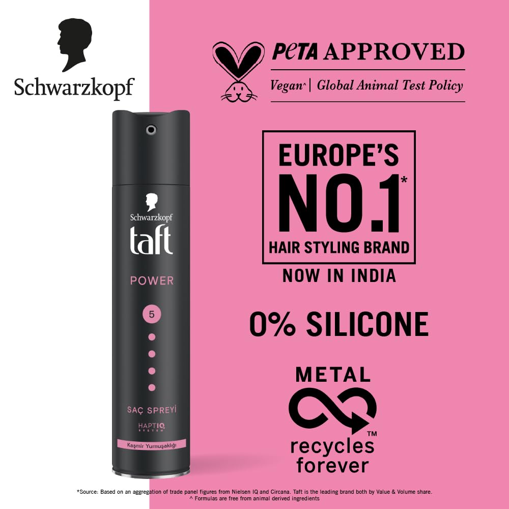 Schwarzkopf TAFT Power Hold 5 Hair Spray for Heat Protection, Cashmere like Softness for Dry - 250Ml.