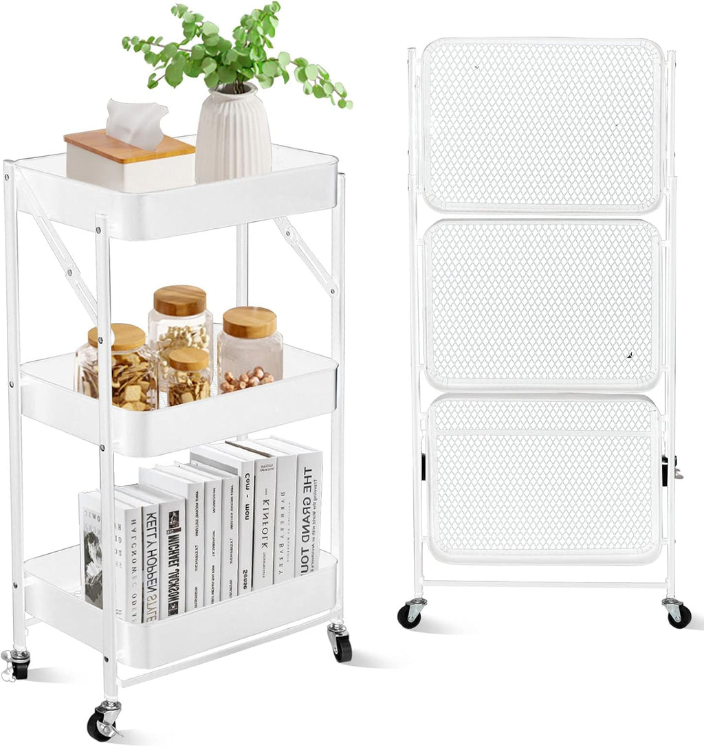 3 Tier trolley organizer,Foldable Metal Rolling Utility Cart Organizer