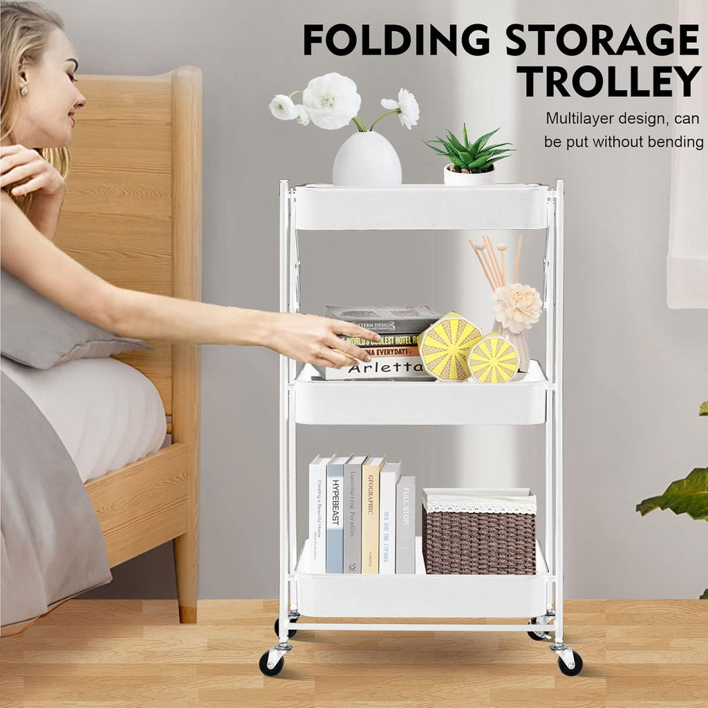 3 Tier trolley organizer,Foldable Metal Rolling Utility Cart Organizer