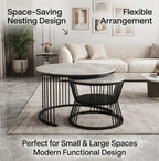 Round Nesting Coffee Table Set of 2 – Marble Top with Black Metal Frame