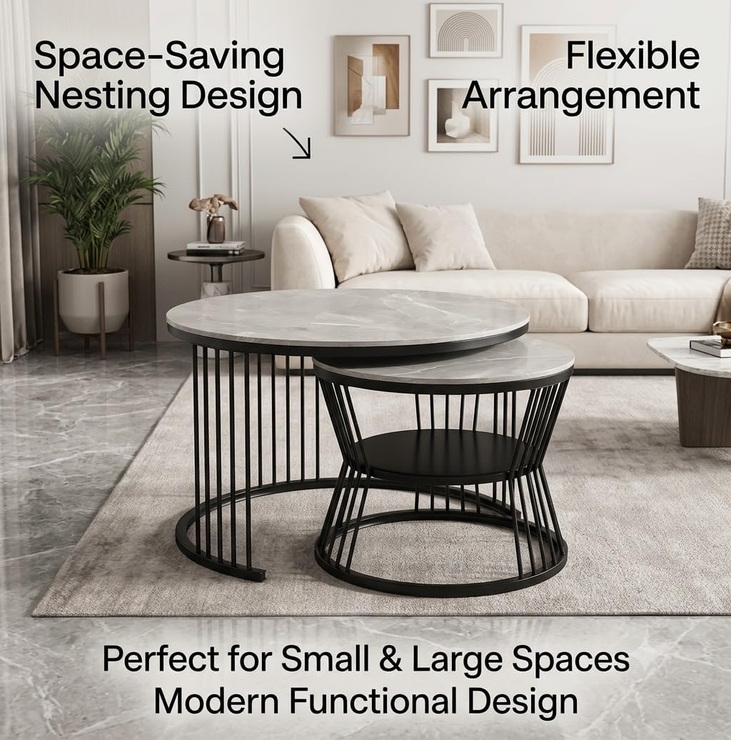 Round Nesting Coffee Table Set of 2 – Marble Top with Black Metal Frame