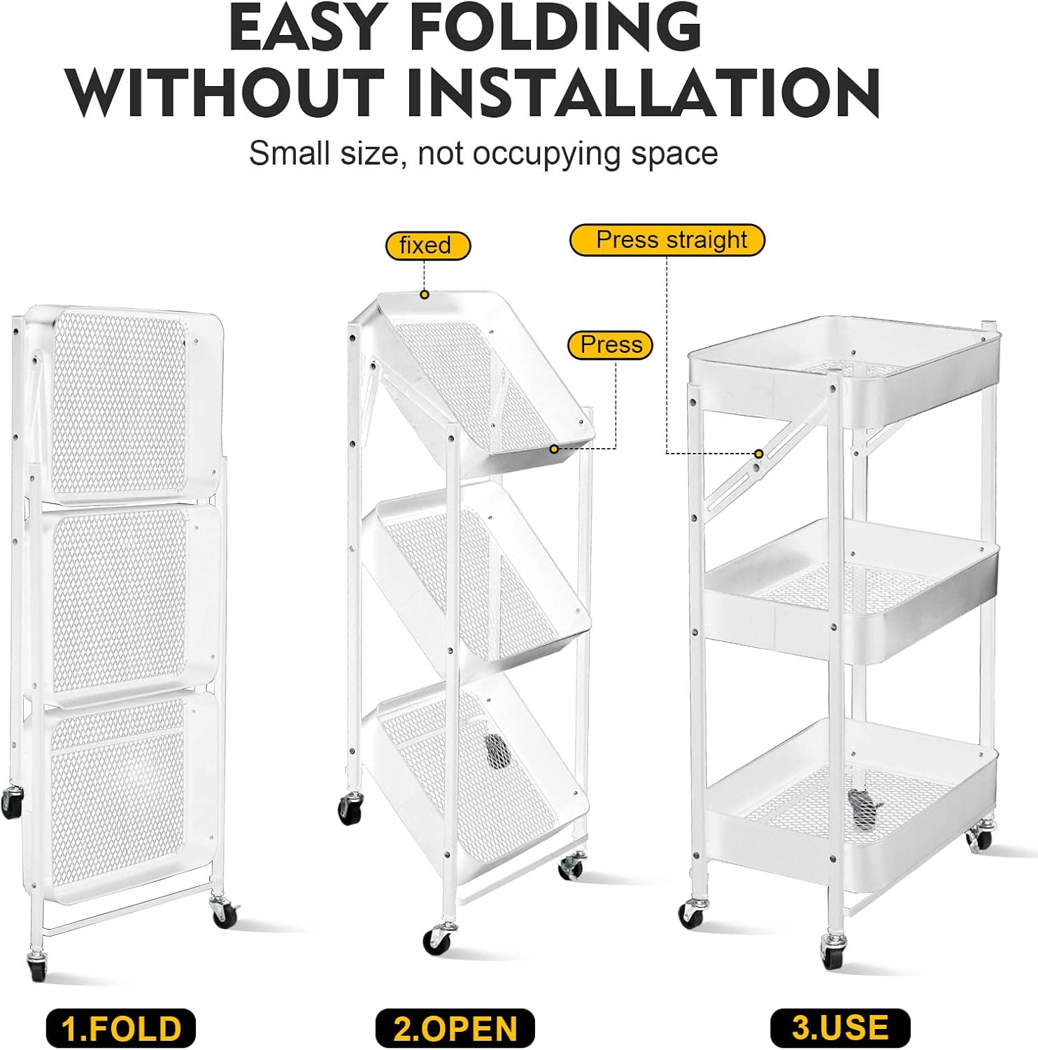 3 Tier trolley organizer,Foldable Metal Rolling Utility Cart Organizer