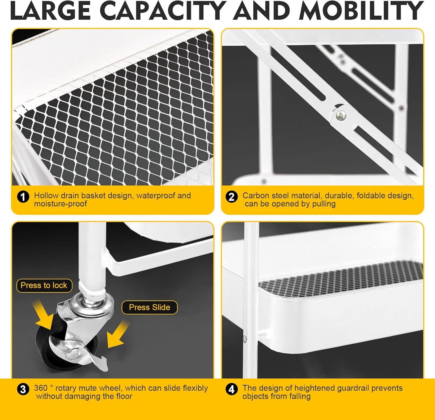 3 Tier trolley organizer,Foldable Metal Rolling Utility Cart Organizer
