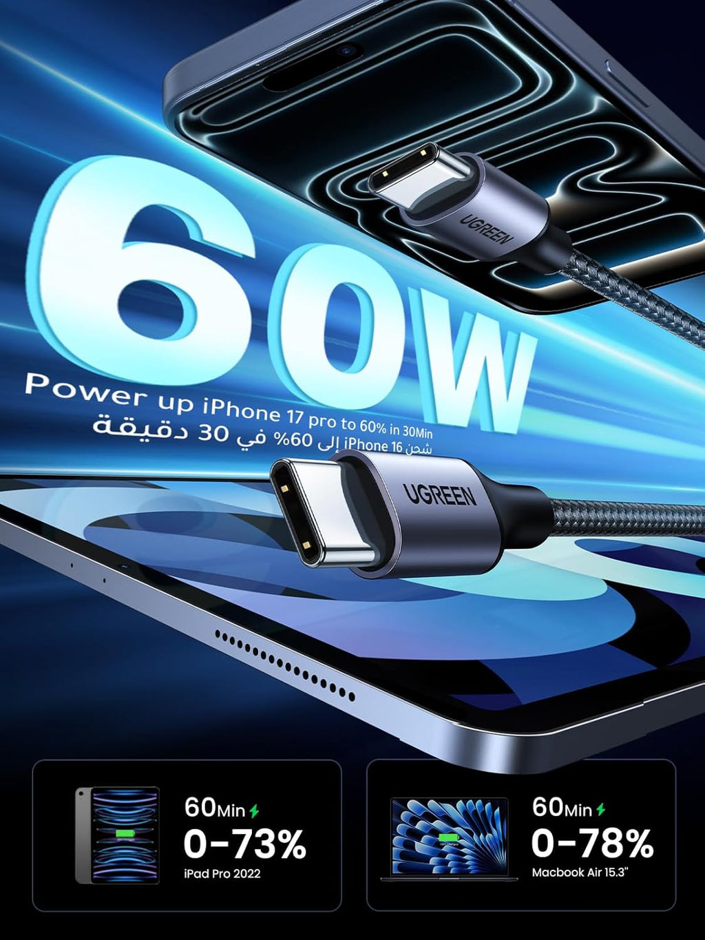 UGREEN Type C Cable 1M, 60W Laptop Compatible USB C Fast Charging Cable