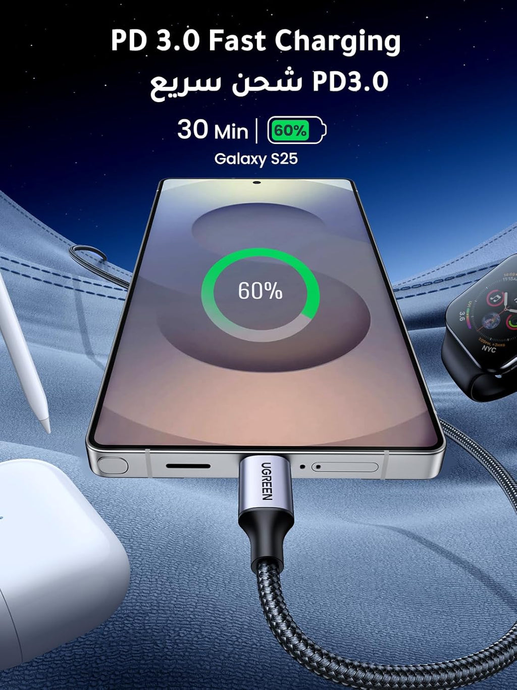 UGREEN Type C Cable 1M, 60W Laptop Compatible USB C Fast Charging Cable