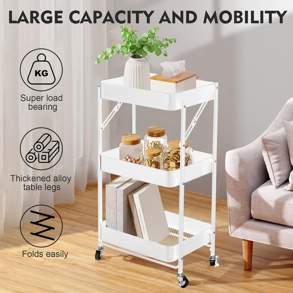 3 Tier trolley organizer,Foldable Metal Rolling Utility Cart Organizer