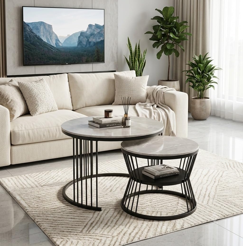 Round Nesting Coffee Table Set of 2 – Marble Top with Black Metal Frame