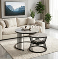 Round Nesting Coffee Table Set of 2 – Marble Top with Black Metal Frame