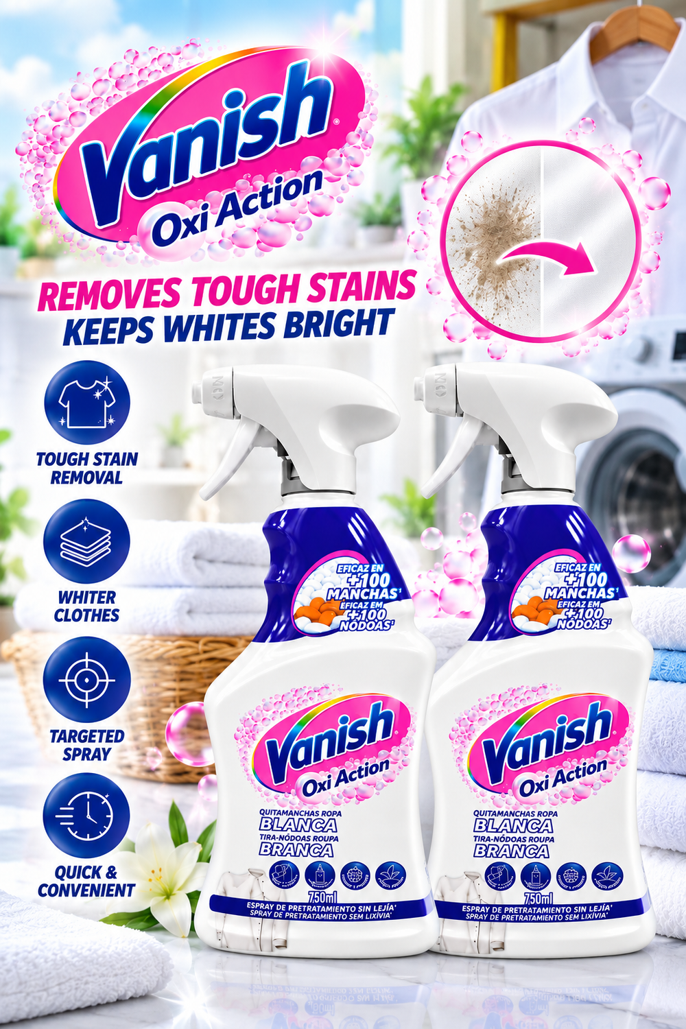 Vanish White Stain Remover Spray 750ml – Powerful Pre-Treat Cleaning 2pcs