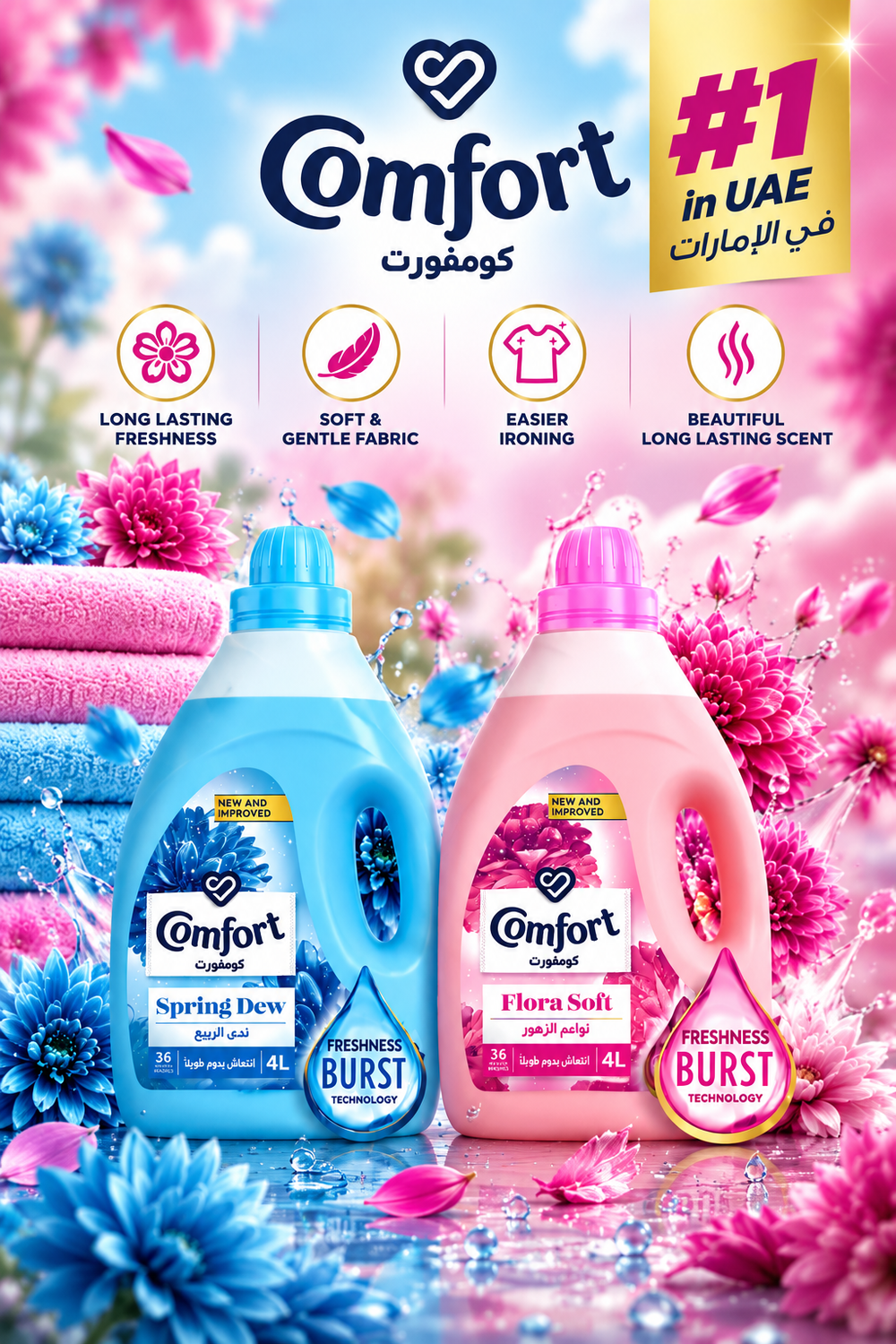 Comfort Flora Pink Fabric Softener 4L – Long-Lasting Freshness 2pcs