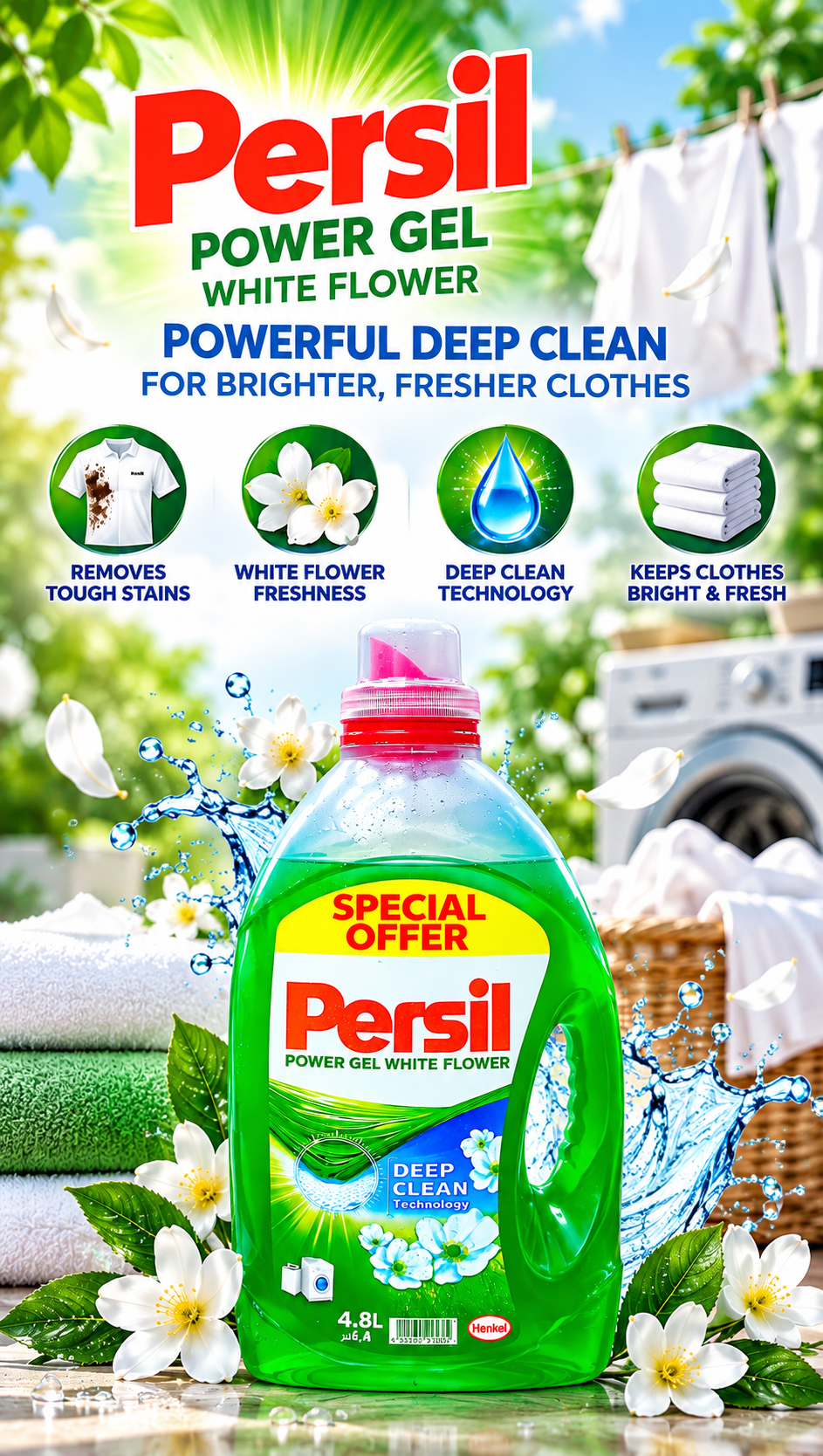 Persil Power Gel White Flower 4.8L – Deep Cleaning & Floral Freshness