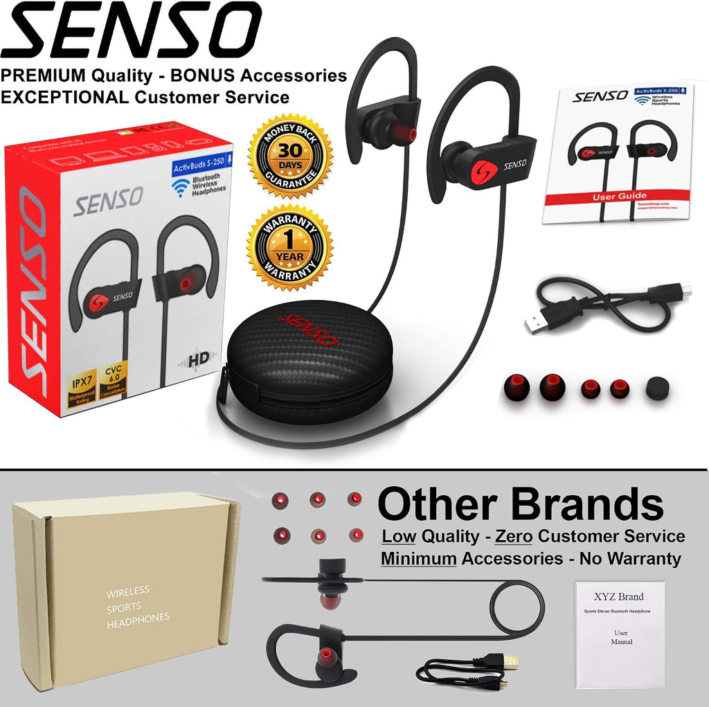 SENSO Bluetooth Headphones, Best Wireless Sports Earphones w/Mic IPX7