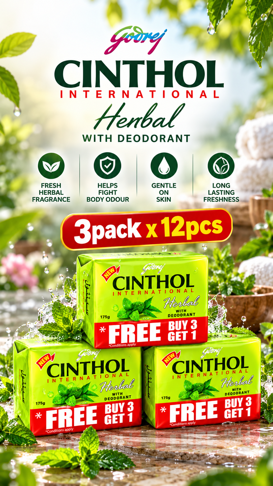 Cinthol Herbal Bath Soap 175g  x 12pcs – Clean, Fresh & Refreshing Skin