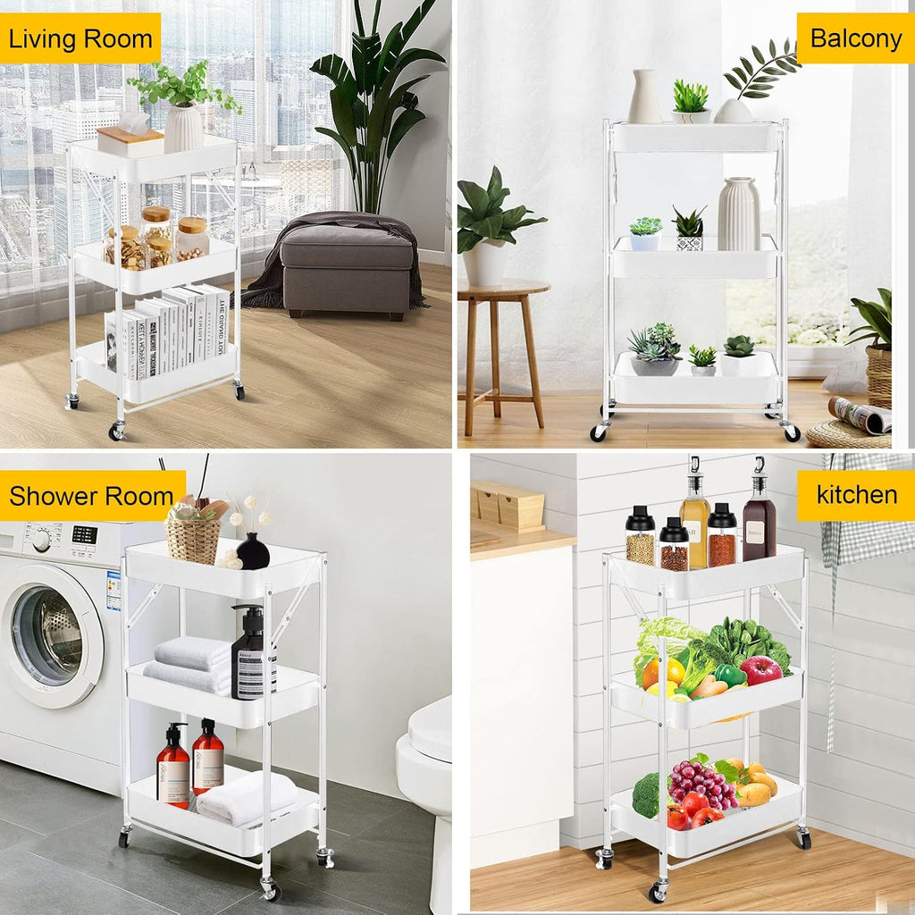3 Tier trolley organizer,Foldable Metal Rolling Utility Cart Organizer