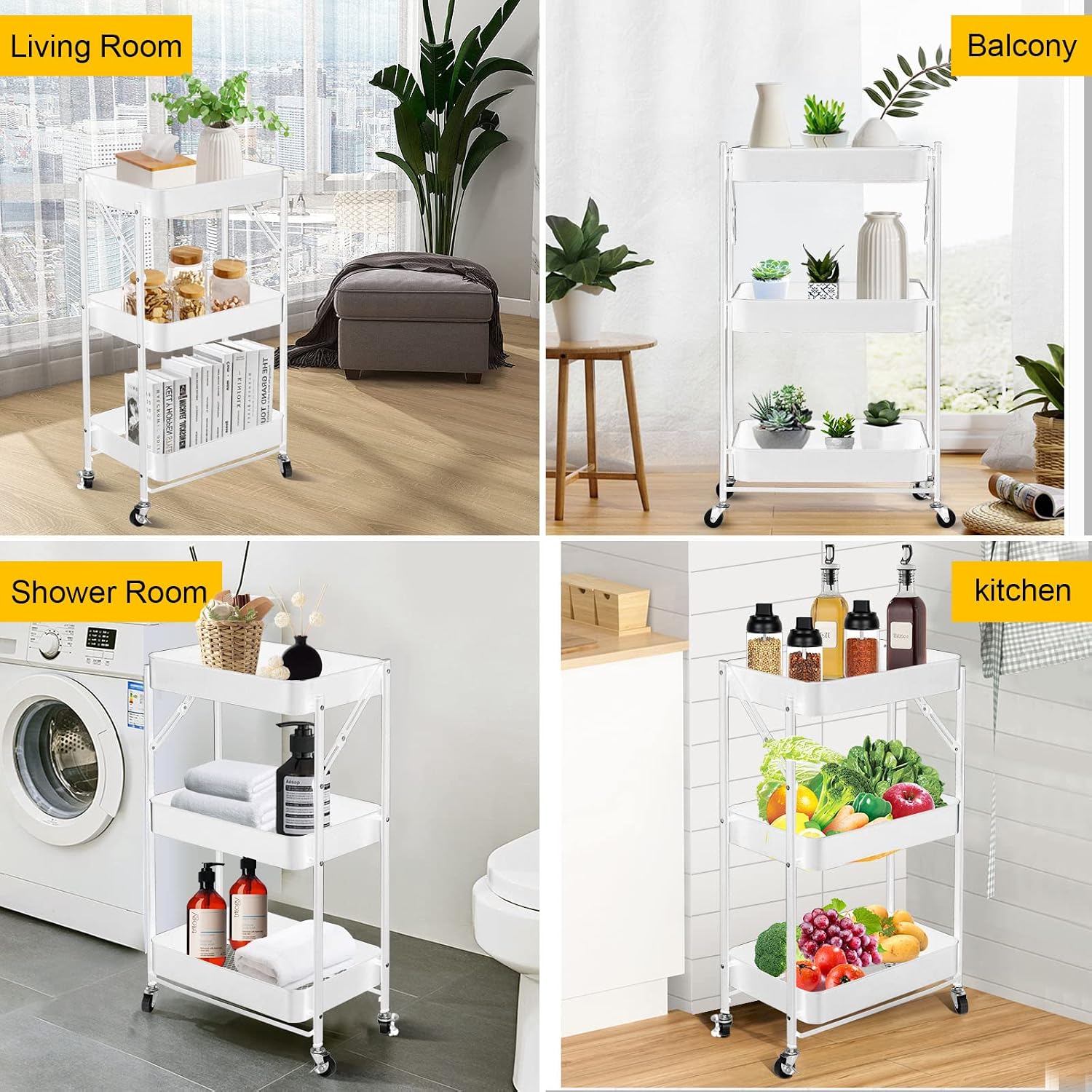 3 Tier trolley organizer,Foldable Metal Rolling Utility Cart Organizer