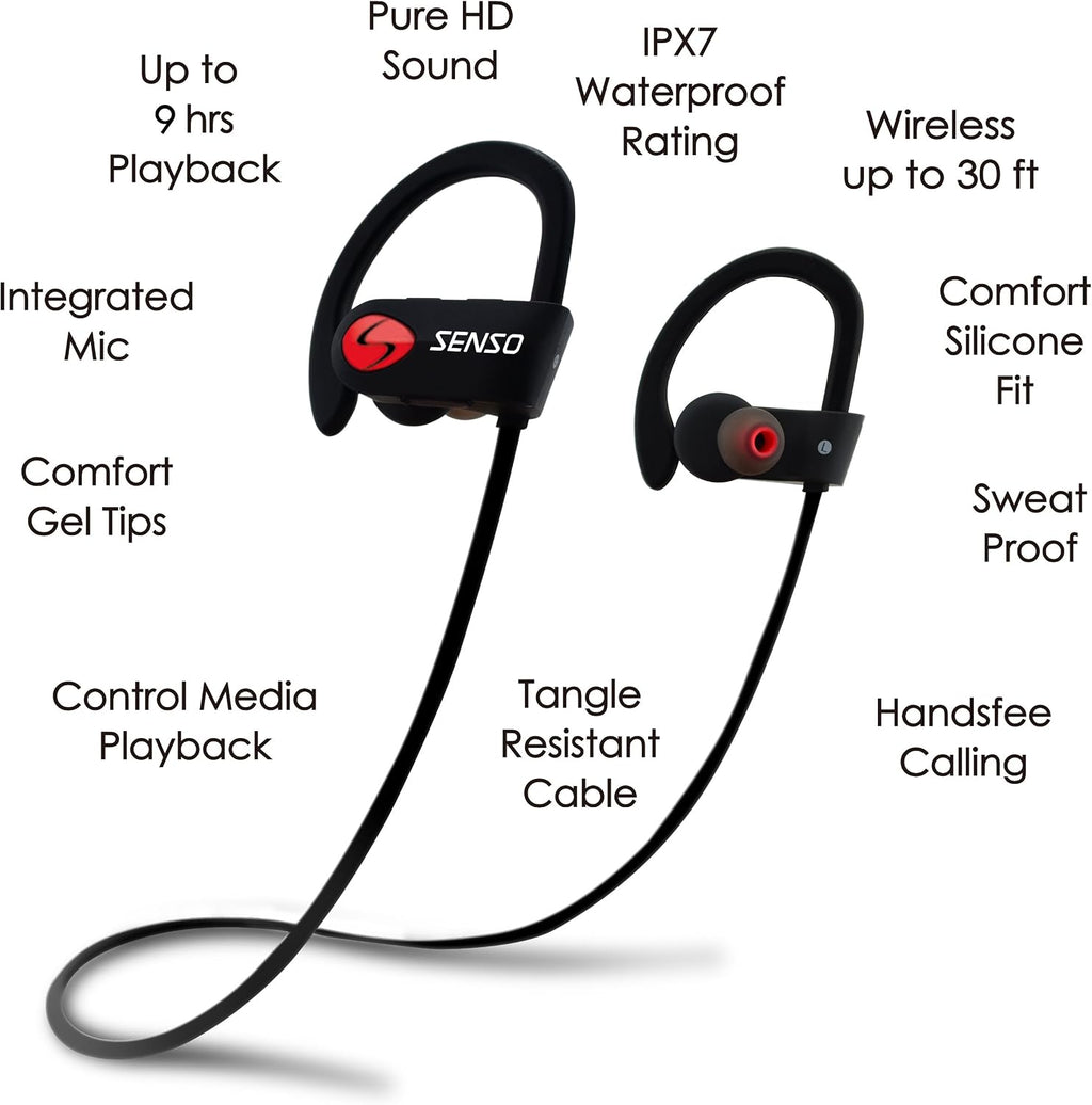 SENSO Bluetooth Headphones, Best Wireless Sports Earphones w/Mic IPX7