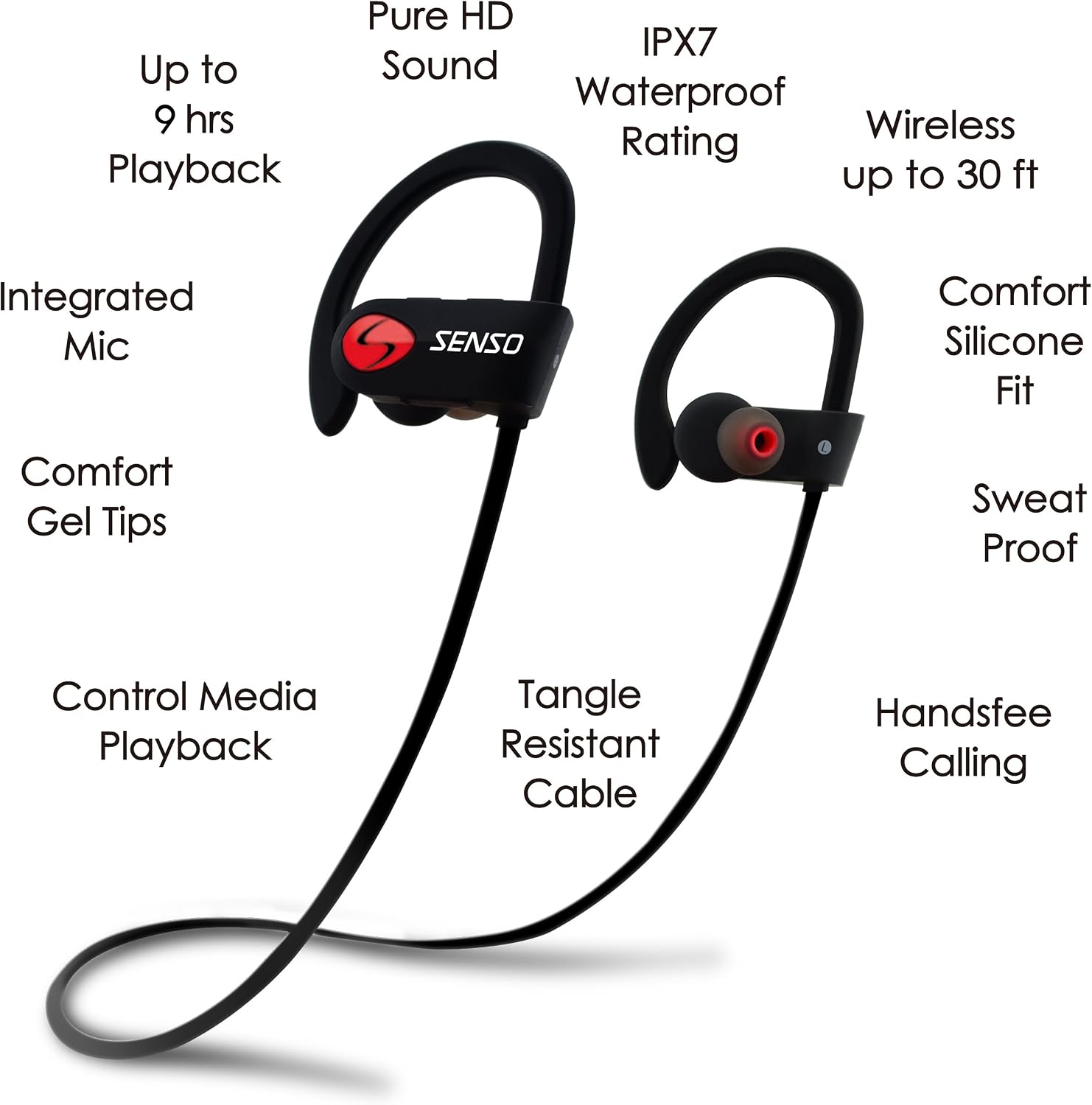 SENSO Bluetooth Headphones, Best Wireless Sports Earphones w/Mic IPX7