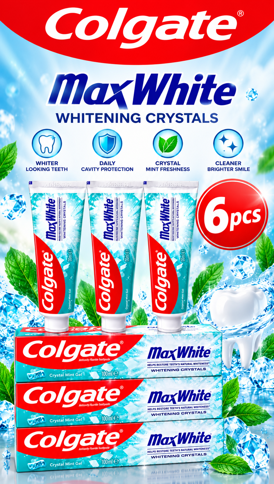 Colgate Max White Toothpaste 100ml x 6pcs – Crystal Mint Whitening Care