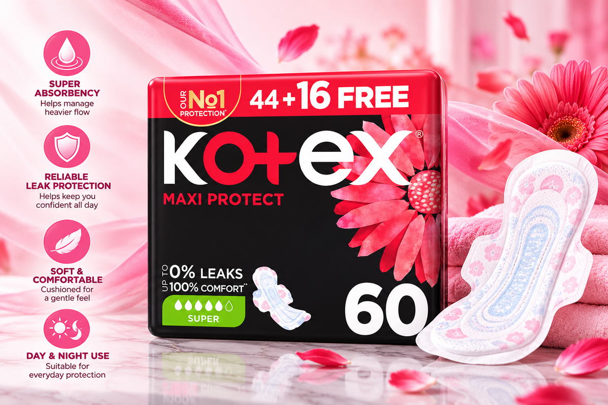 Kotex Maxi Pads Super – 60 Pads Mega Pack x 2 packs =120 total pads