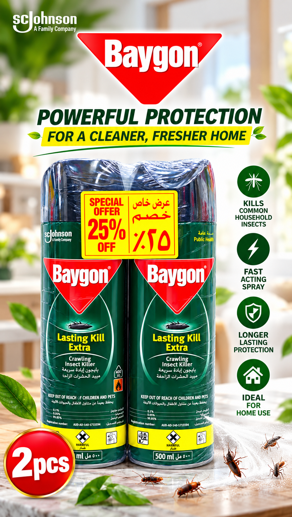 Baygon Lasting Kill Extra 500ml x 2pcs – Powerful Insect Killer Spray