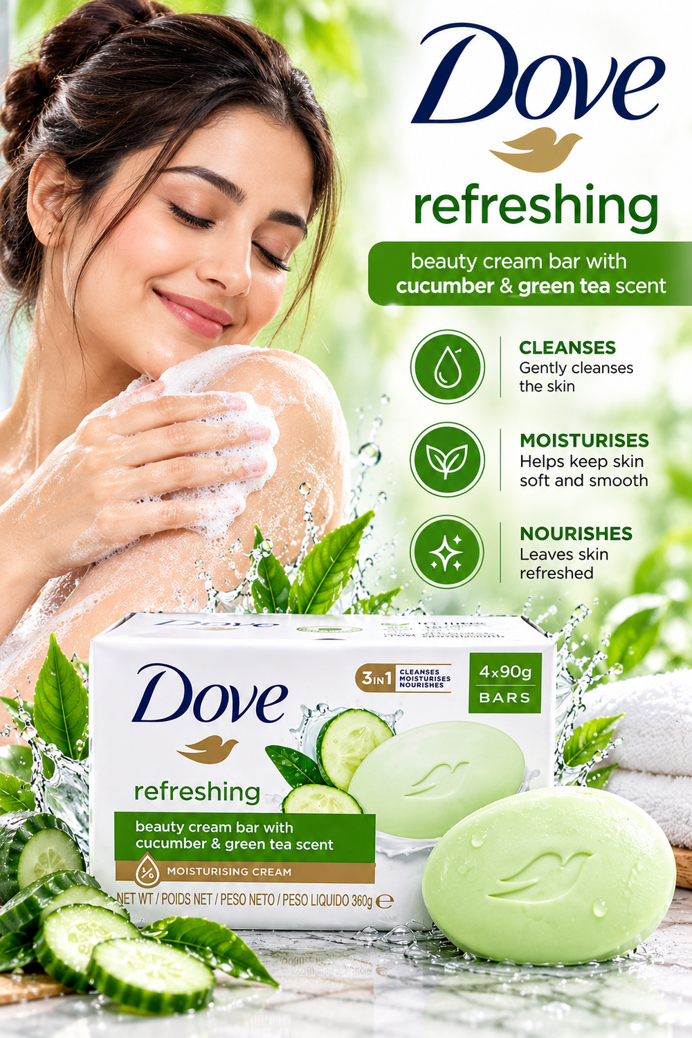 Dove Refreshing Soap 90g – Soft, Smooth & Fresh Everyday Care 4pcs