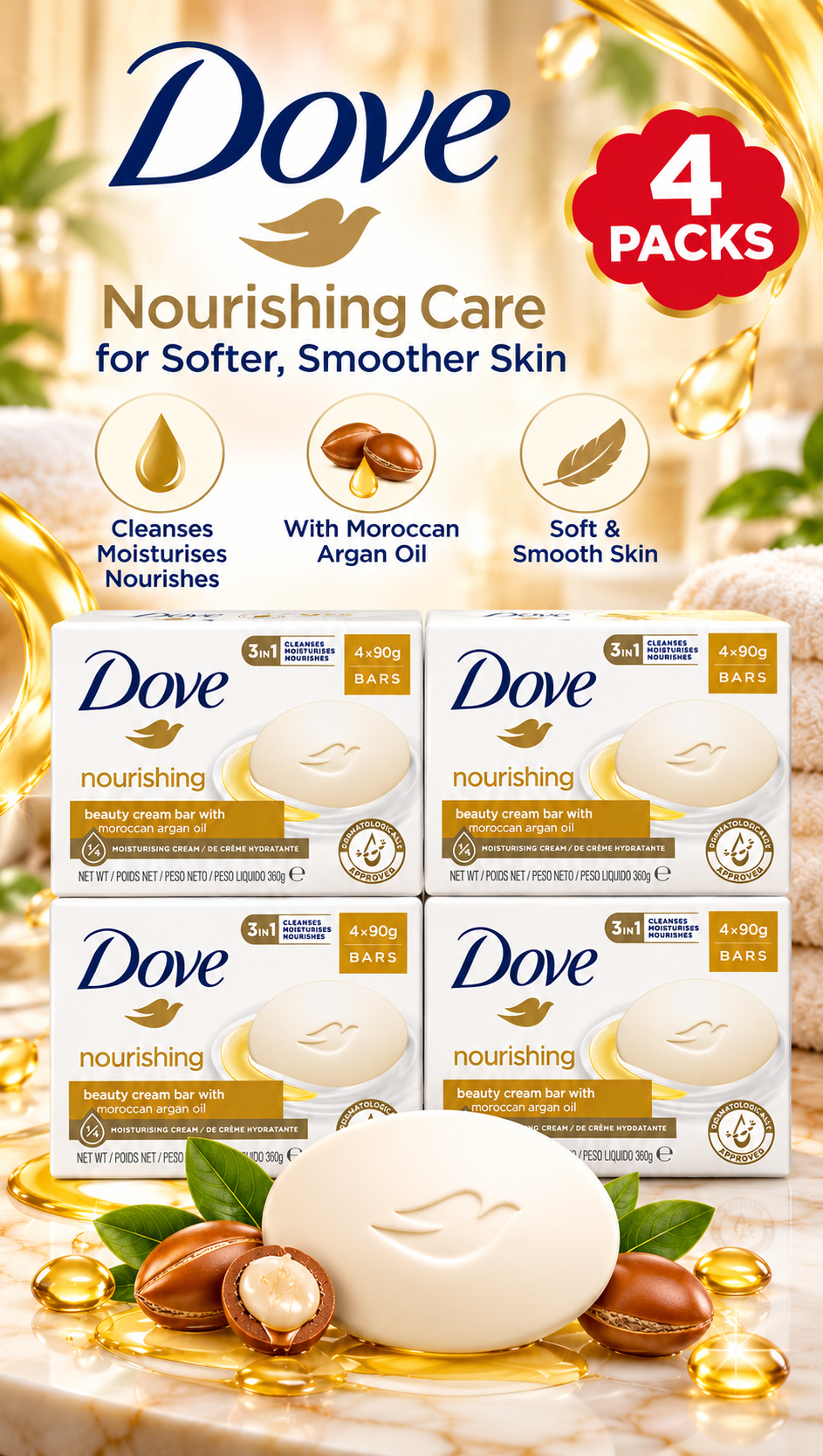 Dove Nourishing Cream & Argan Oil Beauty Bar 90g x 4Pcs